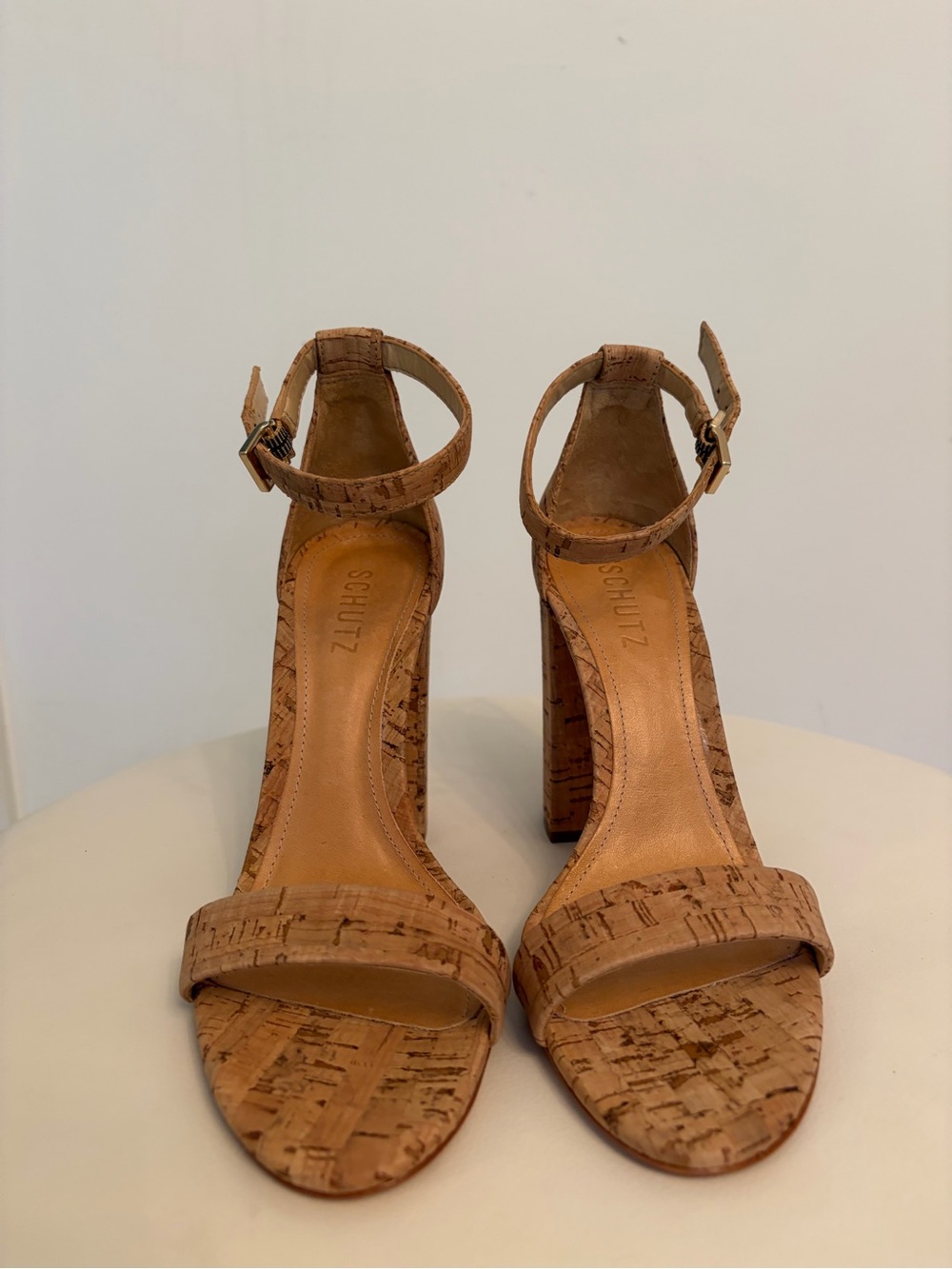 SCHUTZ Enida Cork-Texture Block Heel Sandals NWOB